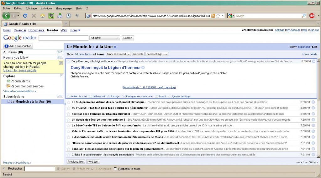 flux de la Une du Monde dans Google reader